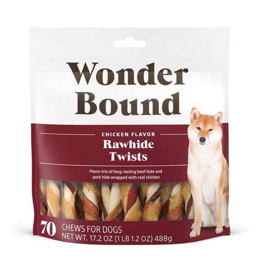 Amazon Brand - Wonder Bound Chicken Flavor Dog Rawhide Twist Sticks, 70 Count, 1.08 pound (Pack of 1)