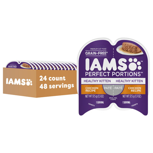 IAMS Perfect Portions Healthy Kitten Grain Free Wet Cat Food, Wet Cat Food Pate Recipe, Chicken Recipe, 2.6 oz. (24 Twin Packs)