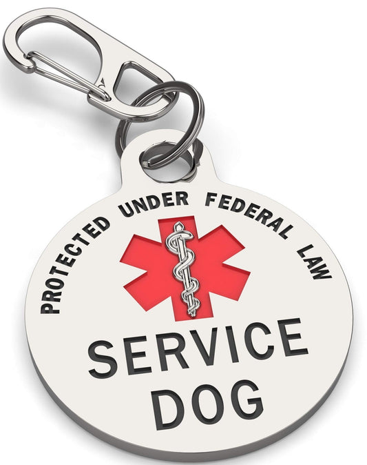 Service Dog Tag Double Sided with Federal Protection & Red Medical Alert Symbol | 1.25 Inch Durable Pet ID Tags | Easily Attach to Collar, Harness, Vest | Service Dog Identification Tag