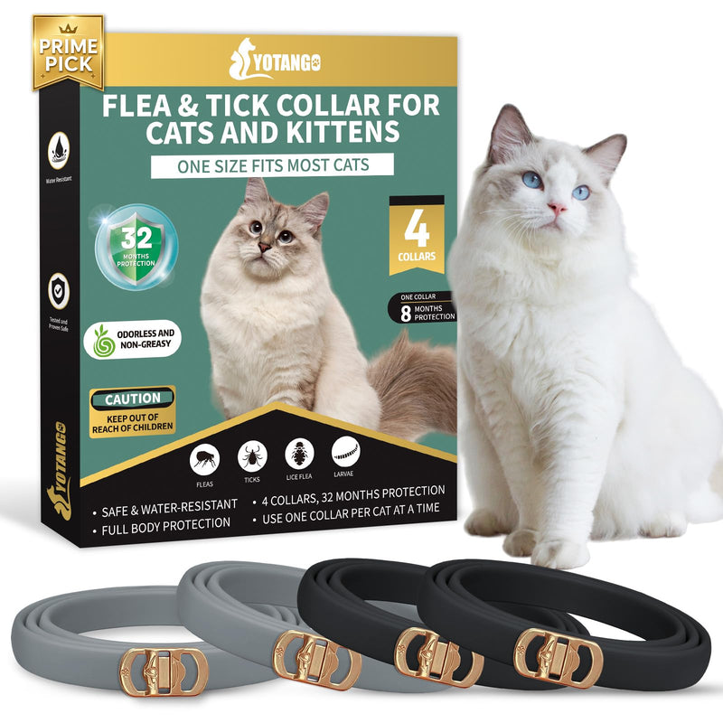 YOTANGO 4 Pack Flea Collar for Cats, 32 Months Flea and Tick Prevention for Cats, Waterproof Cat Flea Collar, Cat Flea and Tick Treatment, Adjustable Flea and Tick Collar for Cats Kittens-Black&Gray