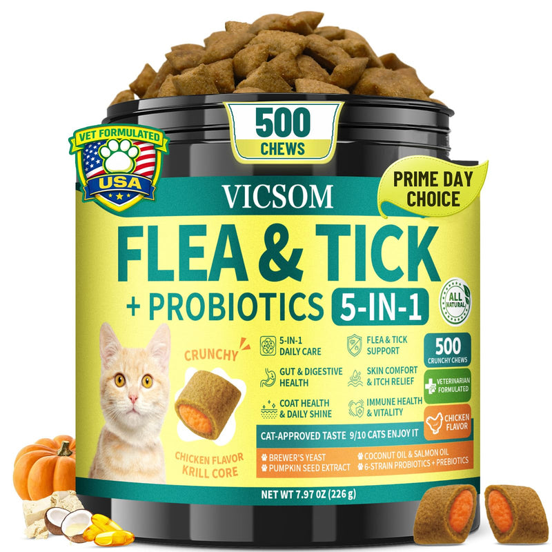 Flea and Tick Prevention for Cats, 500 Crunchy & Krill Chews with Probiotics for Cats, Cat Flea Chews with Gut & Digestive Support, Skin & Coat Support for All Breeds & Ages, Chicken Flavor