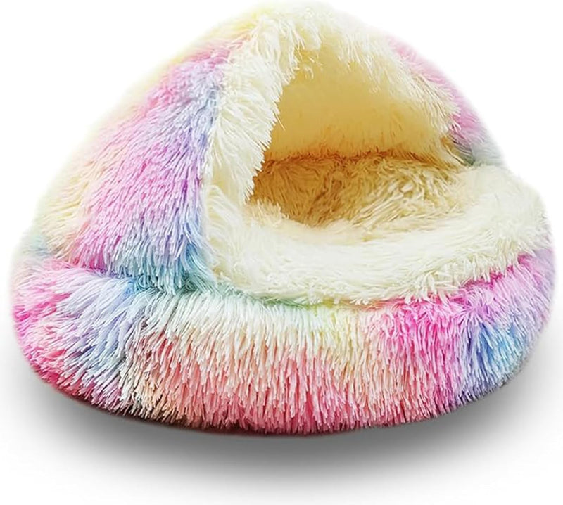 ShinHye Cat Bed Round Plush Fluffy Hooded Cave, 23×23inch