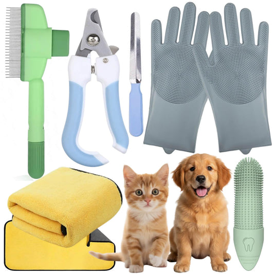 FleExplore Cat Grooming Kit & Puppy Grooming Kit, Including Cat Washing Kit,Nail Clippers For Cats,Special Silicone Toothbrush,Dogs Washing Gloves, Puppy Quick-Drying Towel,Dog Flea Comb,Reusable.