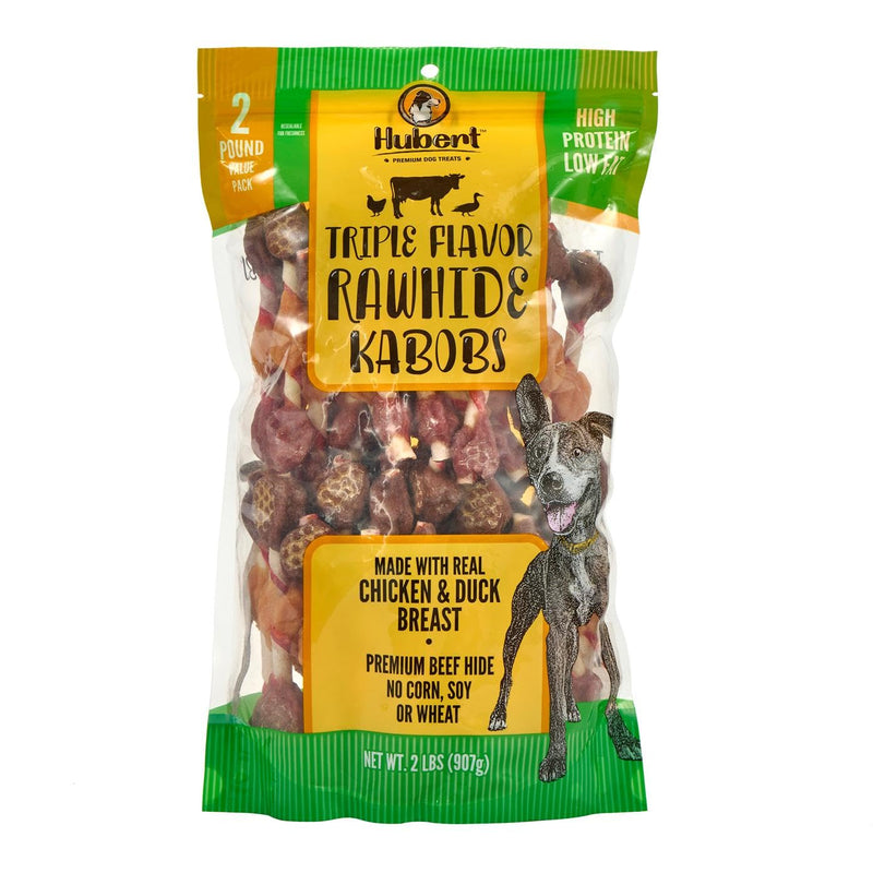 Hubert Pet Triple Flavored Rawhide Kabobs, Chicken, Duck & Pork Hide Dog Chews, All Natural Treats for All Dog Sizes, 2 Pound Resealable Bag