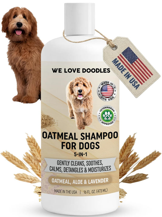 5-in-1 Premium Oatmeal Shampoo for Dogs, Gentle for Itchy & Sensitive Skin, Provides Itch Relief, Hypoallergenic & Soothing for Dry Skin, Moisturizing Anti-Itch, Made in USA, 16 oz [We Love Doodles]
