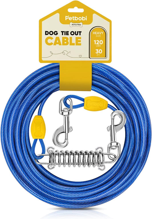 Petbobi Dog Tie-Out Cable 30ft -Heavy Duty Dog Lead Up to 120 lbs, Outdoor Leash Metal Cable with Shock Spring 360° Swivel Clips, for Yard Camping, Fit Small Medium Large Pets, Blue