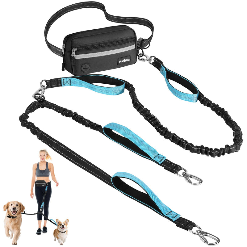 VavoPaw Hands Free Dog Leash for 2 Dogs with Pouch, Waist Leash for Dog Walking, Jogging, Hiking, Retractable Leashes with Dual Padded Handles, Adjustable Reflective Belt for Small, Medium, Large Dogs