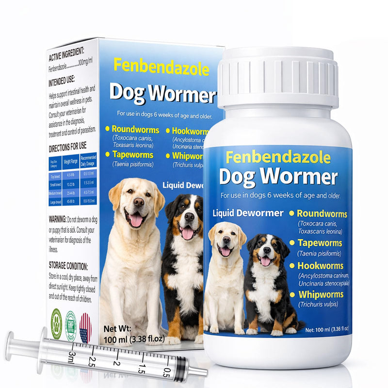 Dewormer for Dog - Fenbendazole Liquid Broad Spectrum for Tapeworms, Roundworms, Hookworms, Whipworms, 100 mL