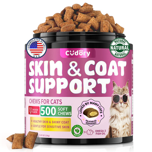 Omega 3 for Cats - 500 Skin & Coat Health Crunchy & Creamy Chews with Omega 3, Biotin & Vitamin E for Healthy Skin, Shiny Fur, Cat Supplements & Vitamins -Chicken Flavor