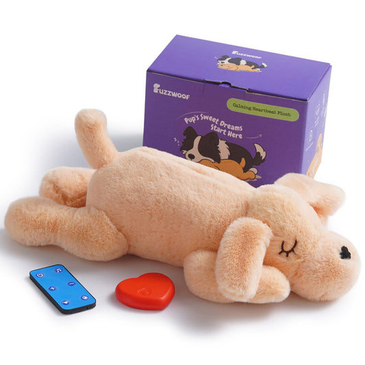 Fuzzwoof Remote Controlled Heartbeat Dog Toy, 8-Sounds & Heartbeat Simulation Plush Toy for Puppy Sleep Aid & Anxiety Relief, Crate Training, Rechargeable Calming Companion