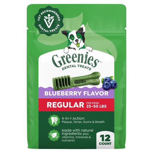 Greenies Veterinarian-Recommended Natural Dental Dog Treats, Dental Chews for Dogs, Regular Size, Blueberry Flavor, 12 oz. Pack, 12 Count