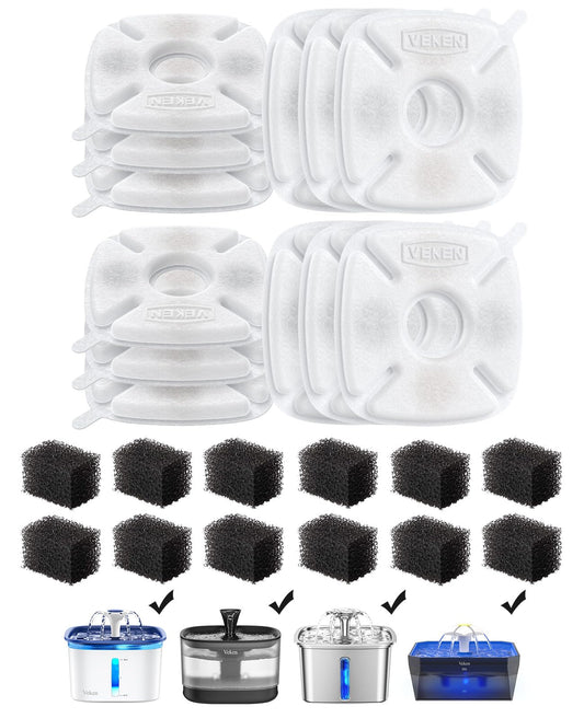 Veken Cat Water Fountain Filter, Classic 12 Pack Replacement Filters & 12 Pack Replacement Pre-Filter Sponges for 50oz, 84oz, 95oz or 108oz Automatic Pet Fountain Dog Water Dispenser