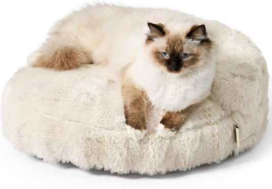 EHEYCIGA Soft Cat Couch Bed for Indoor Cats, Fluffy Small Dog Bed with Removable Washable Cover, Bolster Pet Sofa, Waterproof and Non-Slip, 23" x 23"x 7", Cream