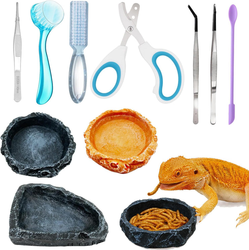 Bearded Dragon Tank Accessories Kit – 10pcs Reptile Water Food Bowl, Feeding Tongs with Rubber Tip, Grooming & Cleaning 
