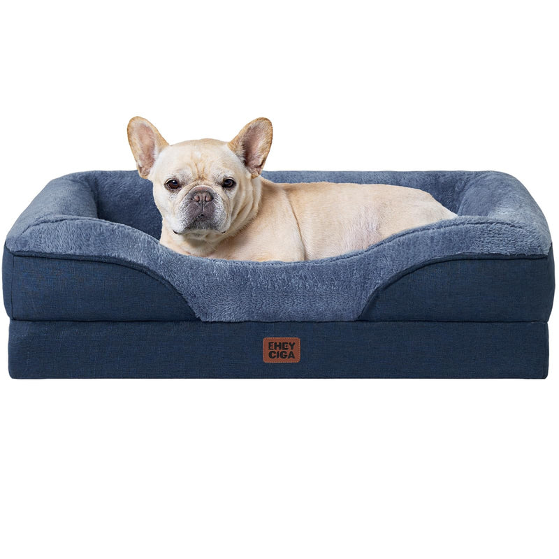 EHEYCIGA Orthopedic Dog Bed for Medium Dog, Memory Foam Dog Couch Bed with Sides, Waterproof Liner & Washable Removable Cover, Bolster Pet Sofa, 30x20 Navy