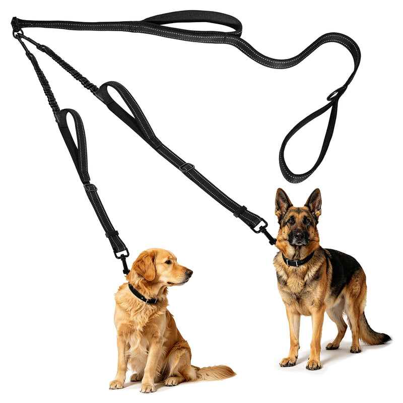 Double Dog Leash, 360° Swivel, Tangle-Free Leash, Reflective Shock-Absorbing Elastic Lead with 4 Comfortable, Padded Handles—Ideal for Two Dogs (Black)