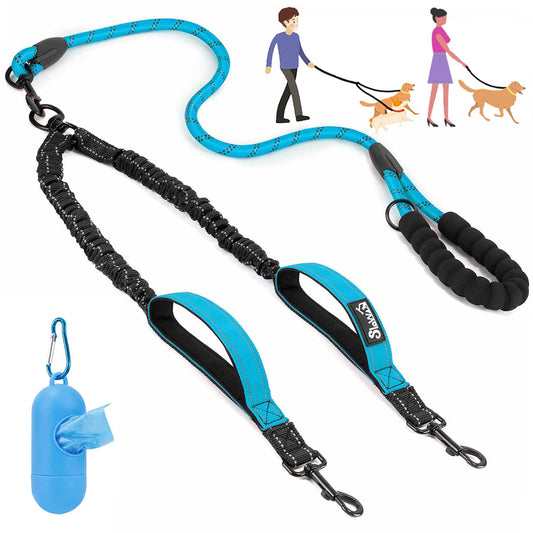 Lukovee Double Dog Leash, No Tangle 360° Swivel Heavy Duty Reflective Lead with Two Padded Handles Dual Dog Splitter, Comfortable Shock Absorbing Walking Training for Small Medium Large Dogs(Blue,M)