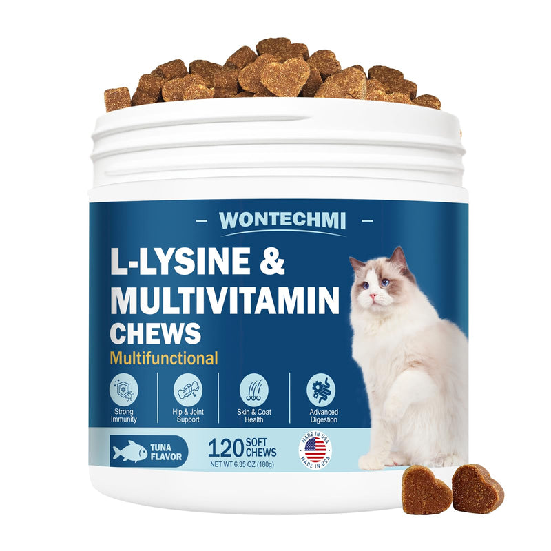 WONTECHMI L-Lysine Supplement for Cats, Cat Vitamins for Sneezing, Runny Nose, Cold, Immune Support, Eye Function and Respiratory Health, Natural Lysine Cat Treats (120 Chews, Tuna)