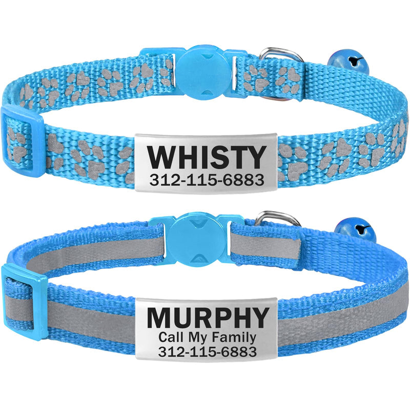 TagME 2 Pack Cat Collar with Name Tag, Personalized Reflective Cat Collar Breakaway with Bell for Boy & Girl Kitten, SkyBlue