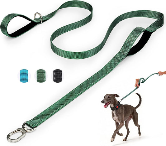 Heavy Duty Dog Leash with Easy Lock Metal Clip, Reflective, Padded Handle - Durable 6ft Walking Training Green Leash for
