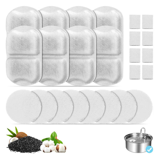 8 Set Dog Fountain Filter Replacement for 7L/230oz/1.8G Stainless Steel Dog Water Dispenser, YOIHABV Cat Fountain Filters, Triple Filtration Pet Water Filter, Replacement Filters and Sponges
