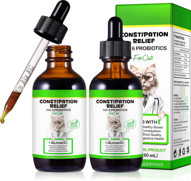 NBTREKTIE Cat Constipation Relief - Natural Laxative with 6 Probiotics Stool Softener, Digestive Support for Hairball Relief & Bowel Movement, Promotes Digestive Health, 2 fl oz (2 PCS)