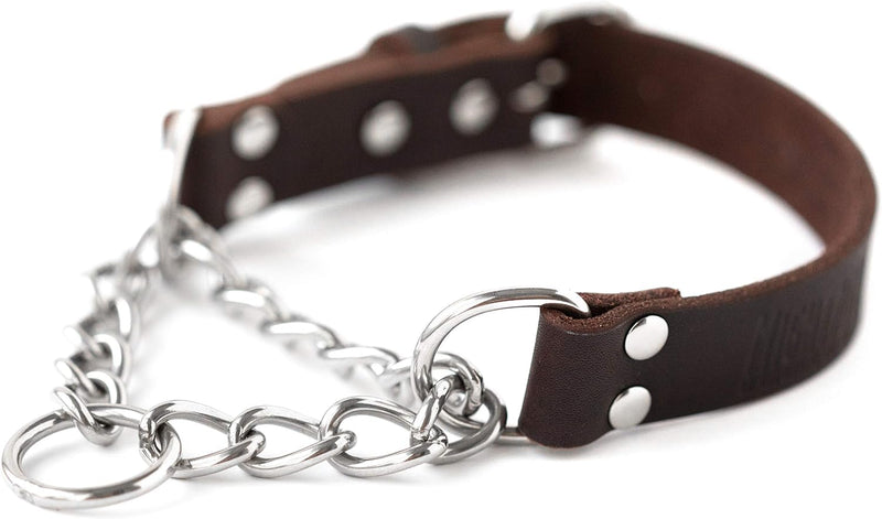 Mighty Paw Martingale Dog Collar - No Pull Design - Stainless Steel Chain - Limited Chain Cinch Training - Brown Leather