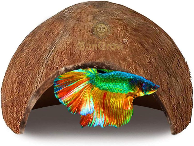 SunGrow Betta Fish Cave, Habitat Made from Coconut Shell, Soft-Textured Smooth Edged Spacious Hideout, for Resting and B