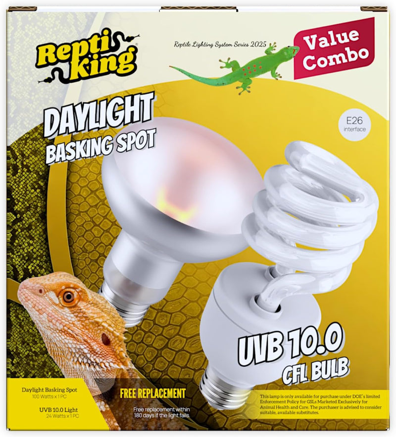 Reptile 100W Basking Spot Bulb & 10.0 24W UVA UVB Bulb Combo – Dual Pack Heat Lamp Bulbs for Reptiles & Amphibians, Heat