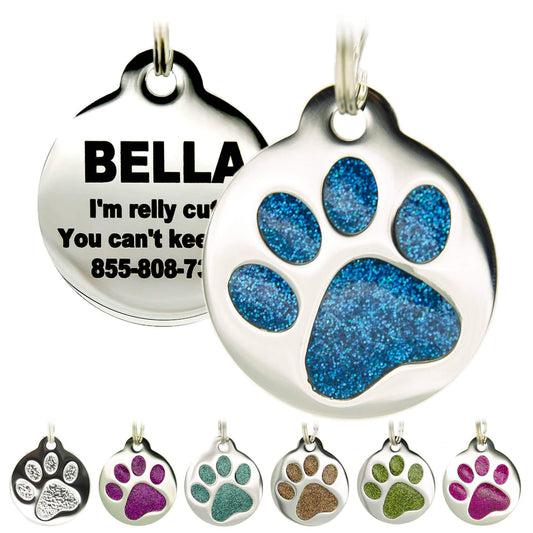 PetANTastic Engraved Cat Tags - Personalized with 4 Lines of Custom Engraved ID, Round Paw Print Stainless Steel Enameled in 6 Colors: Ocean Blue, Aquamarine, Deep Pink, Magenta, Pale Green, Amber