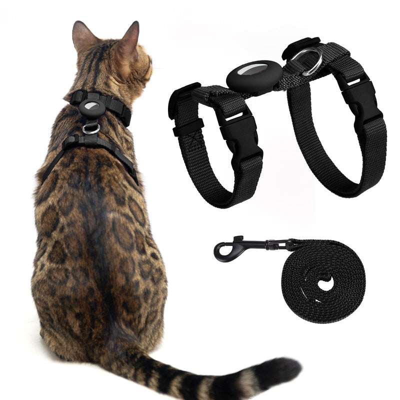 VKPETFR Cat Harness and Leash Set with Airtag Holder for Walking & Travelling, Escape Proof Cat Harness for Small Medium Large Kitten, Adjustable Lightweight Soft Cat Vests (Black)