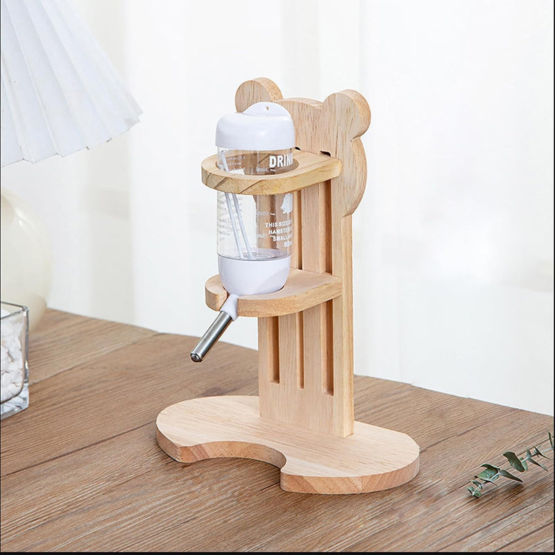 Hamster Water Bottle with Wooden Food Container Base for Dwarf Hamster Gerbil Small Animals (White, 80ml(2.7oz))