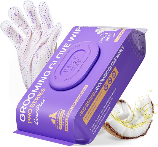 HICC PET Grooming Glove Wipes Pro–Extra Thick Dual-Textured Pet Cleaning Gloves for Dogs&Cats–Infused with Coconut Oil&Plant Extracts–Hypoallergenic, Gentle, Spa-Like Care at Home,20PCS-Coconut Scent