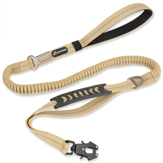 AIRUIDOG Heavy Duty Tactical Dog Leash, 4-6FT Shock Absorbing Tactical Leash with 2 Padded Handles, Metal Carabiner Clip,Car Seatbelt, Reflective Heavy Duty Leashes for Medium Large Dogs (Brown)