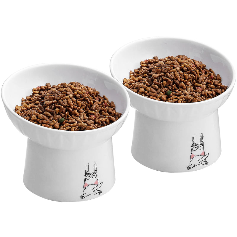 OMAYKEY 6.5 Inch Extra Wide Ceramic Raised Cat Bowls, Porcelain Tilted Elevated Cat Food Water Bowl Dish, Stress Free Pet Feeder Bowls Dishes for Elder Big Cats & Small Dogs, White - 2 Pack