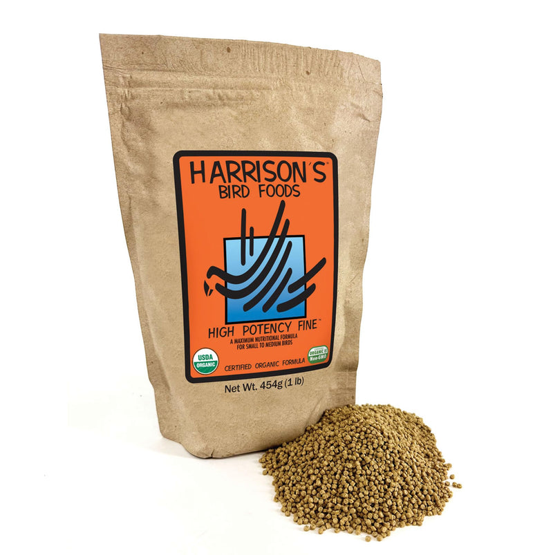 Harrison's Bird Foods High Potency Fine - Certified Organic, Non GMO Formula for Small to Medium Birds - Human Grade Pellets for Molting, Recovering & Weaning Chicks with Balanced Nutrition (1lb)