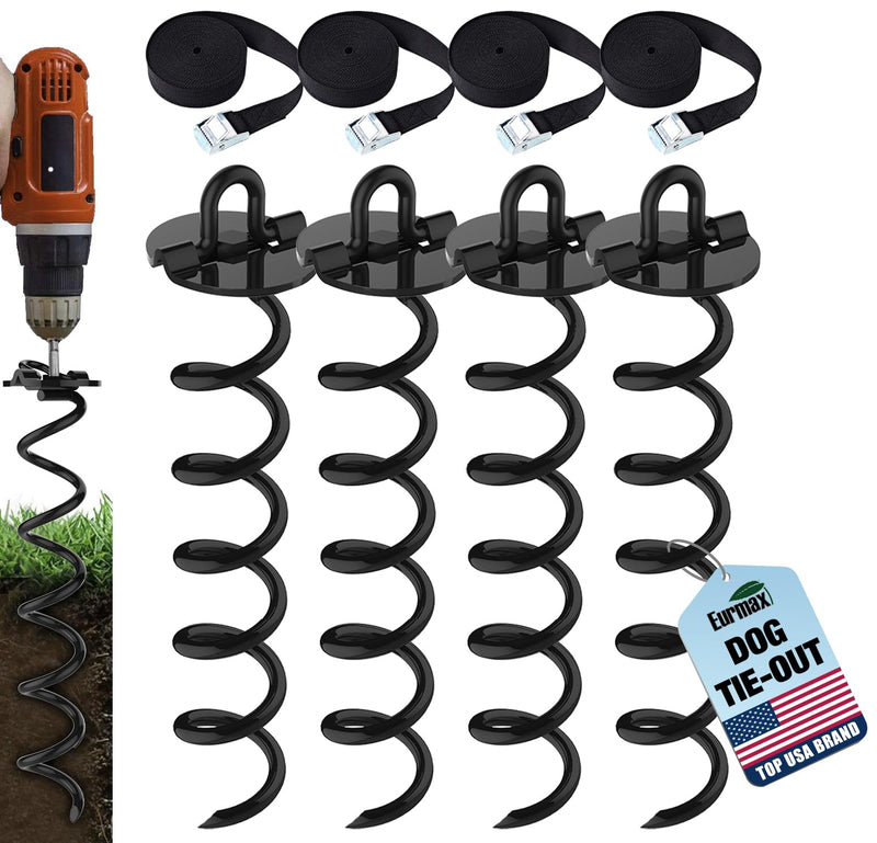 Eurmax USA 4-Pc Pack Spiral Stakes Heavy Duty Anchor Kit Ice Screw Anchor for Trampoline, Tents, tarps, Canopies,car Ports,Dog tie Out and etc Bonus Tie Down Straps 4-Pc Pack (Black)