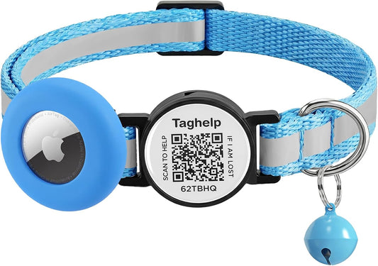 Reflective AirTag Cat Collar, Integrated Cat Collar with Air Tag Holder and Bell, Breakaway with QR Code Name Tag,Safety Elastic Band Cat Collars for Girl Boy Cats, Kittens and Puppies (Blue)