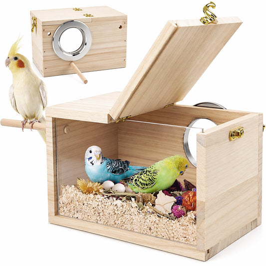 Rypet Parakeet Nesting Box Transparent Design, Thwartwise Bird Nest Breeding Box with Perch Wood Bird Cage House for Cockatiel Lovebirds Budgie Finch Parrotlets Canary S