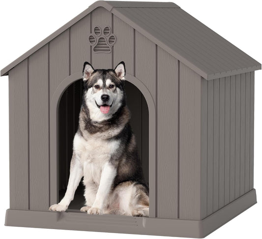 Fancyango Medium Large Dog House Outdoor Indoor, Sturdy Plastic Waterproof Doghouse with Air Vents and Elevated Floor, E