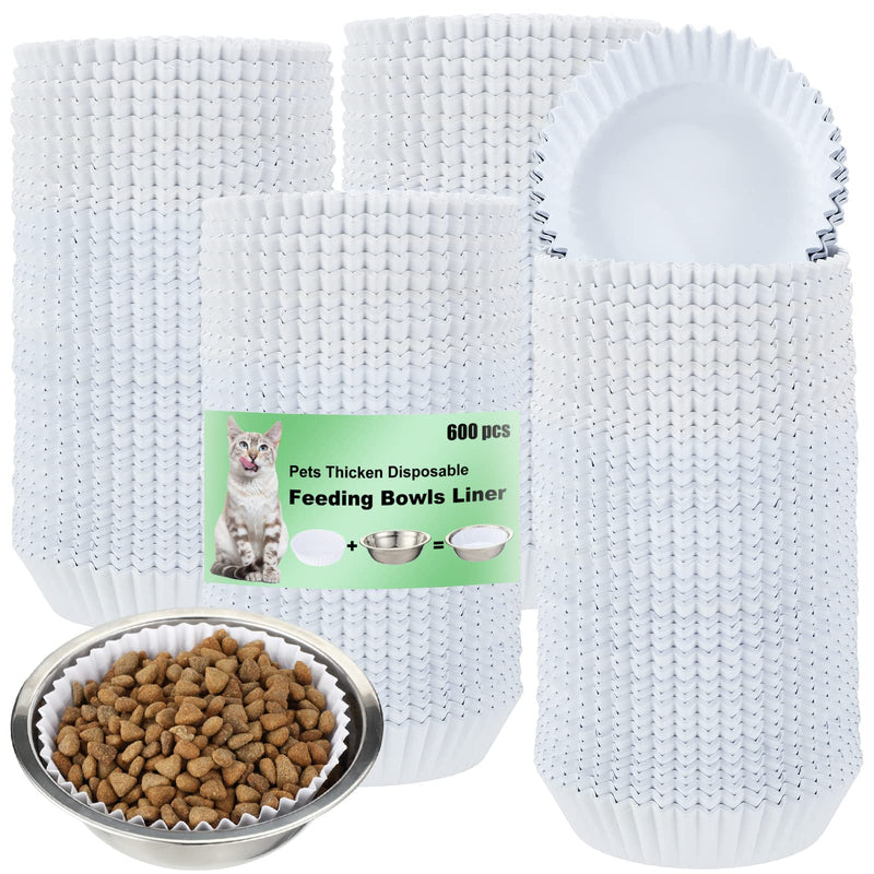 meekoo 600 Pcs Large Pet Disposable Feeding Bowls Liner Bulk Cat Food Bowls Small Paper Dish Paper Liner for Small Dogs Cats Dish Wet Food Feeding Station(White,Classic)