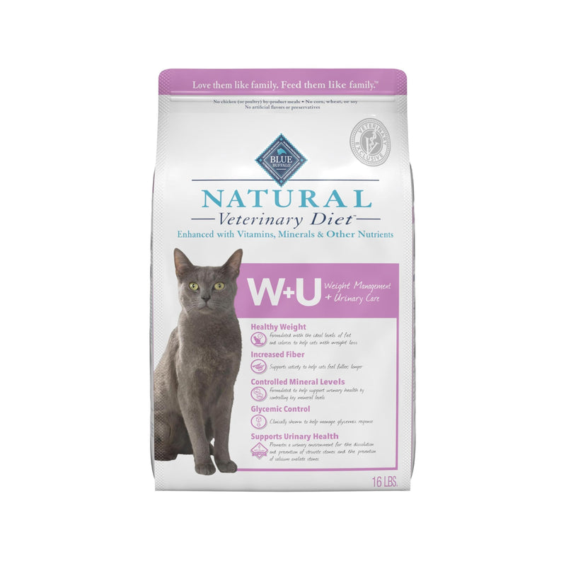 Blue Buffalo Natural Veterinary Diet W+U Weight Management + Urinary Care Dry Cat Food, Veterinarian Prescription Required, Chicken, 16-lb. Bag