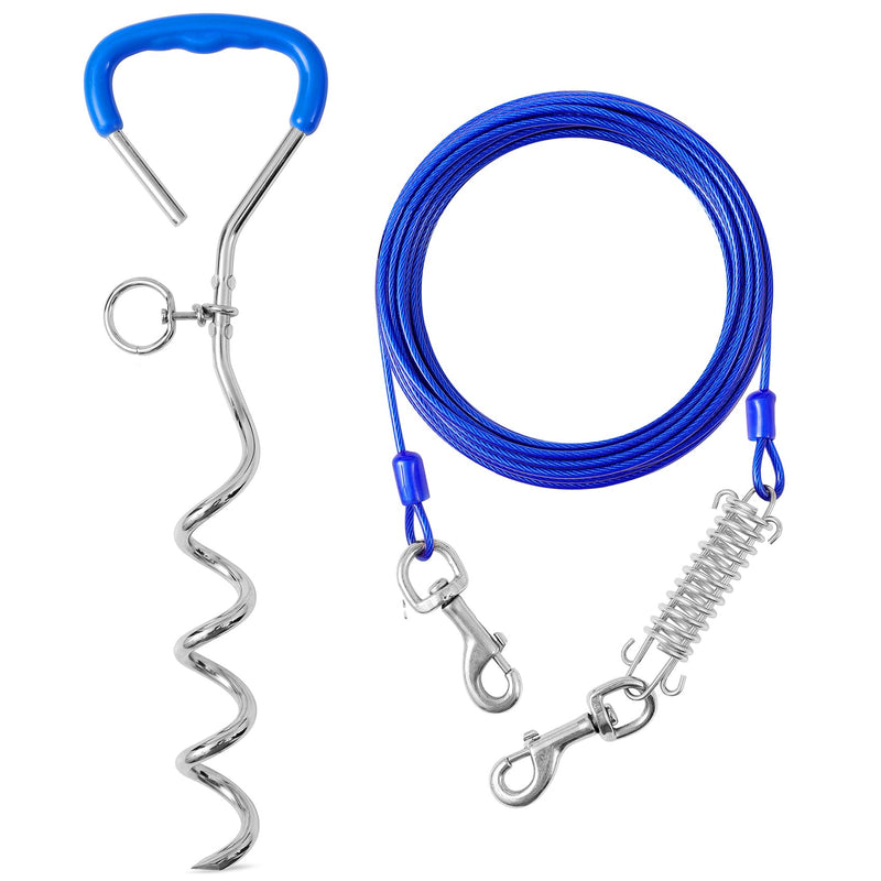 Dog Tie Out Cable and Stake,10ft Outside Dog Run Cable Leash&Chain with Shock Spring for Camping and Yard, 16'' Heavy Duty Anti Rust Spiral Stake for Small-Large Dogs Up to 200 lbs (Blue, 200lbs 10FT)