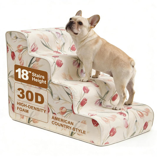 Dog Stairs for Bed & Couch 18" H, 4-Step Extra Long Dog Steps for Bed with 30D Foam, Country Style Pet Stairs for Small Dogs and Older Cats, Beige