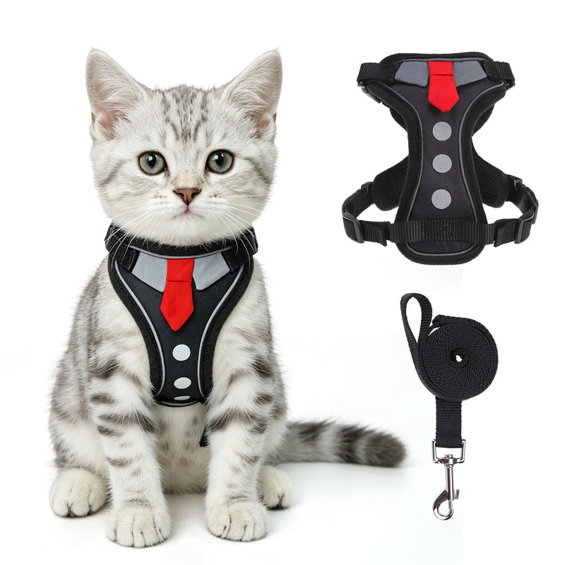 BEAUTYZOO Cat Harness, Escape Proof Cat Harness and Harness Set for Walking, Soft Breathable Vest Harness with 3 Buckles Adjustable,Reflective Easy Control Kitten Harness for Cats (Tie Design),Black S
