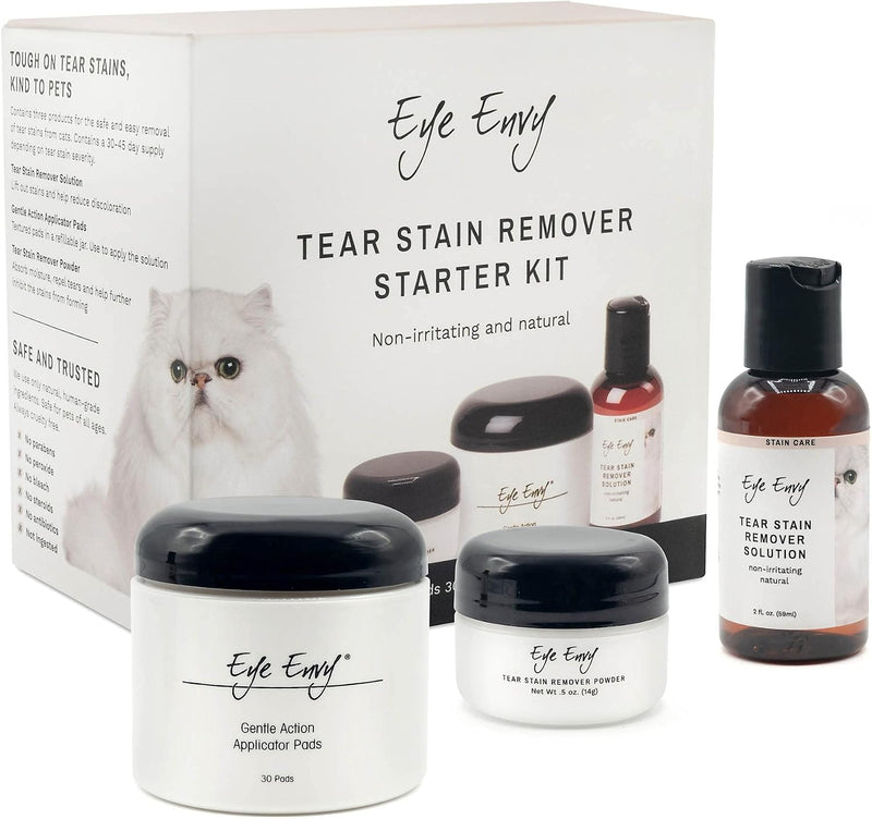 Eye Envy Cat Tear Stain Remover Starter Kit. Gentle, Natural, Safe. Contains: Stain Solution, Applicator Pads, and Stain