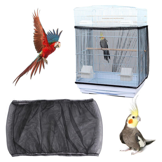 Bird Cage Seed Catcher, Bird Cage Net Cover Adjustable Bird Cage Netting Seed Catcher for Bird Cages Seed Catcher Guard Net Cover Bird Cage Skirt for Parrot Parakeet Macaw Round Square Cages - Black