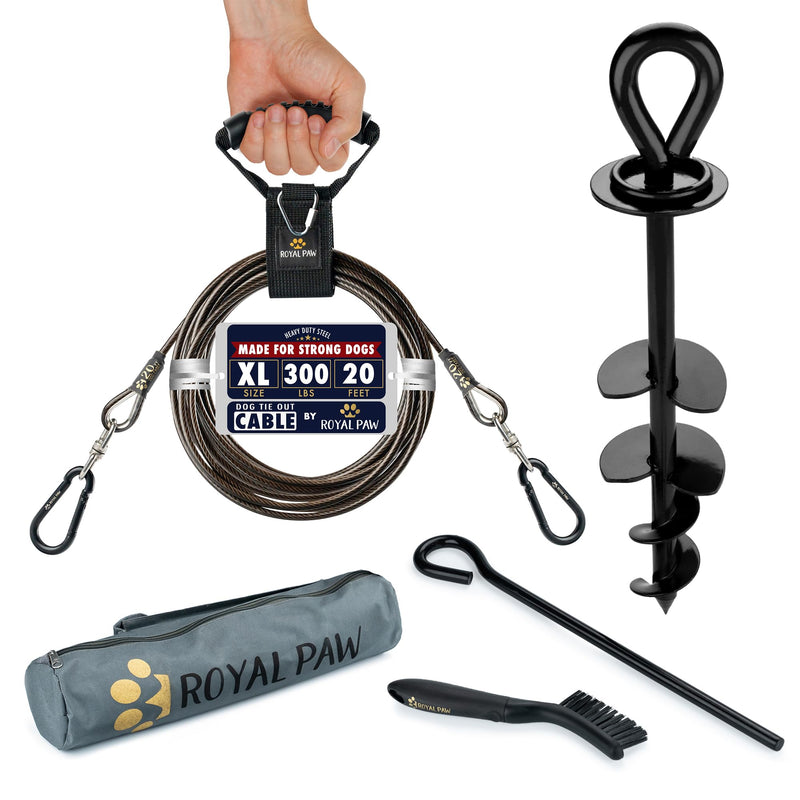 ROYAL PAW Dog Tie Out Cable and Stake 20ft - for Large Dogs up to 300 lbs - Heavy Duty Tether and Dog Stake for Yard, Beach & Camping Outside (Black, L/XL - 20ft)