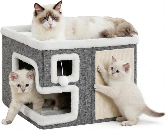 Cat Houses for Indoor Cats, Covered Cat Bed Cave with Scratch Pad