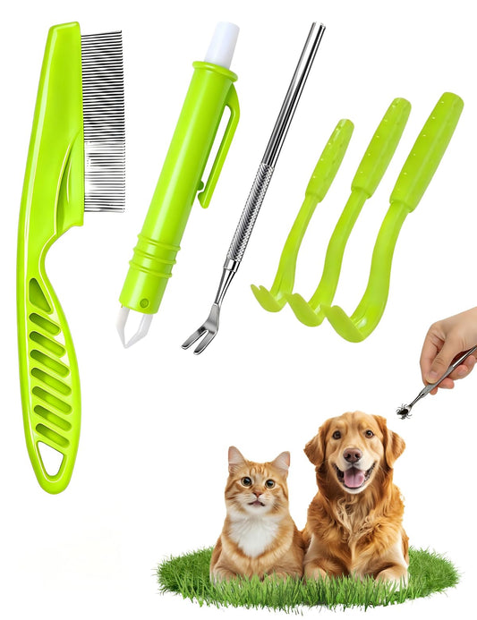 Tick Removal Tool 6 in 1, Pet Tick Remover Kit with Flea Comb, Portable Outdoor Stainless Steel Control Fork, 3 Ultra-Safe Tick Twister for Dogs, Cats, Horses & Humans (Green)